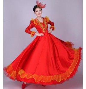 Flamenco Red gold yellow fuchsia hot pink long sleeves sequins women's ladies  Spanish performance chorus opening dance folk dance full skirted dance long length dresses outfits